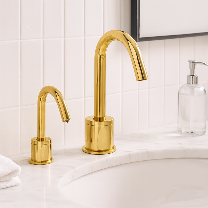 Fontana Verona Goose Neck Polished Gold Finish Freestanding Dual Automatic Sensor Faucet And Soap Dispenser